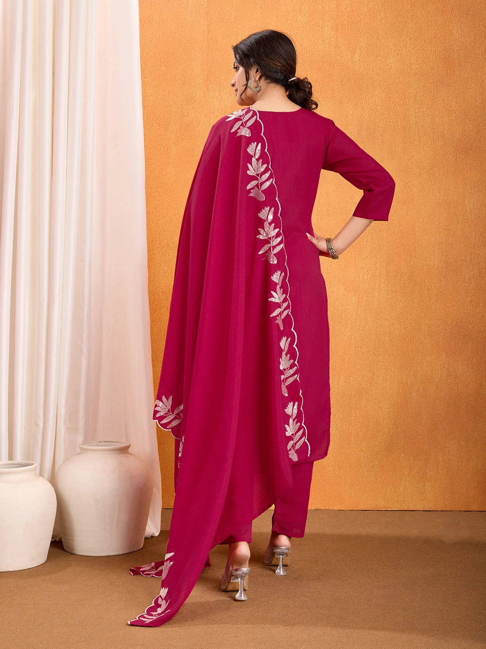 Pink Vichitra Silk Embroidery Straight Kurti Set - Rheycart