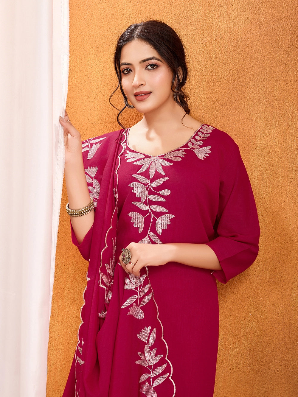 Pink Vichitra Silk Embroidery Straight Kurti Set - Rheycart