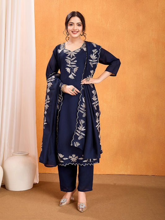 Vichitra Silk Navy Blue Straight Kurti Set With Embroidery Work - Rheycart