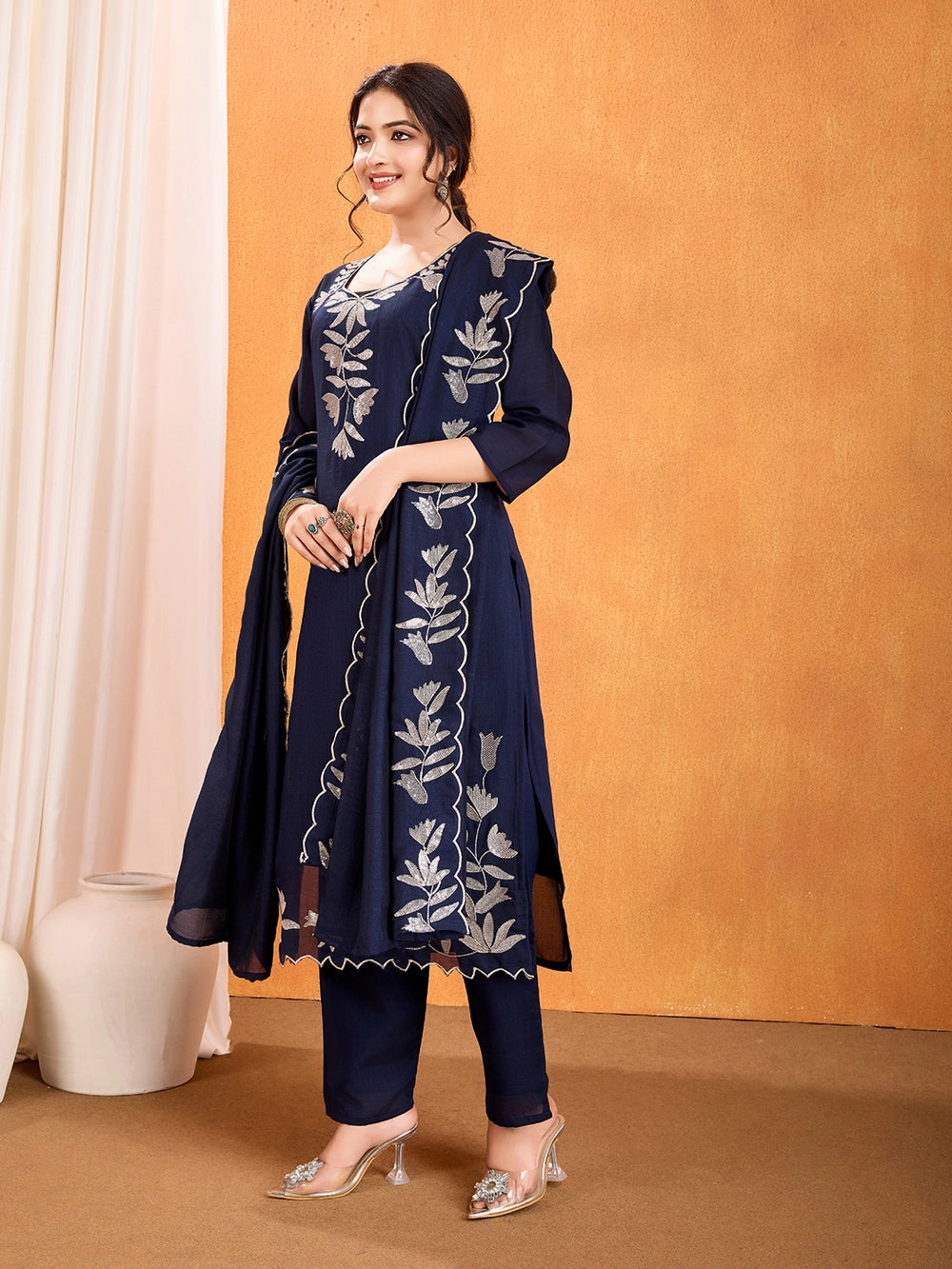 Vichitra Silk Navy Blue Straight Kurti Set With Embroidery Work - Rheycart