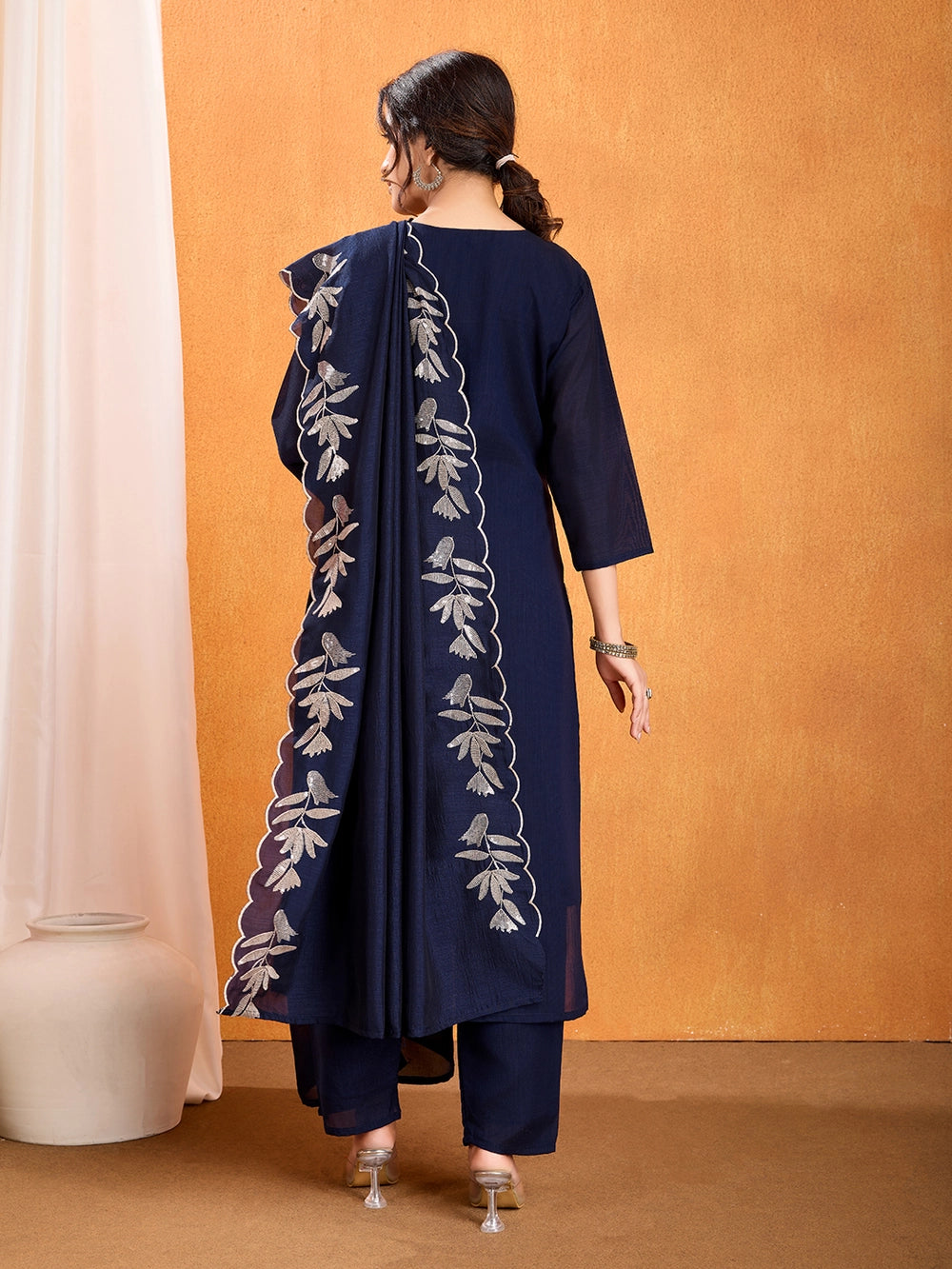 Vichitra Silk Navy Blue Straight Kurti Set With Embroidery Work - Rheycart