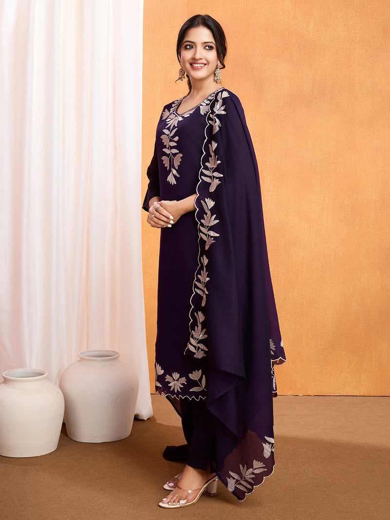 Violet Vichitra Silk Embroidered Straight Suit Set - Rheycart