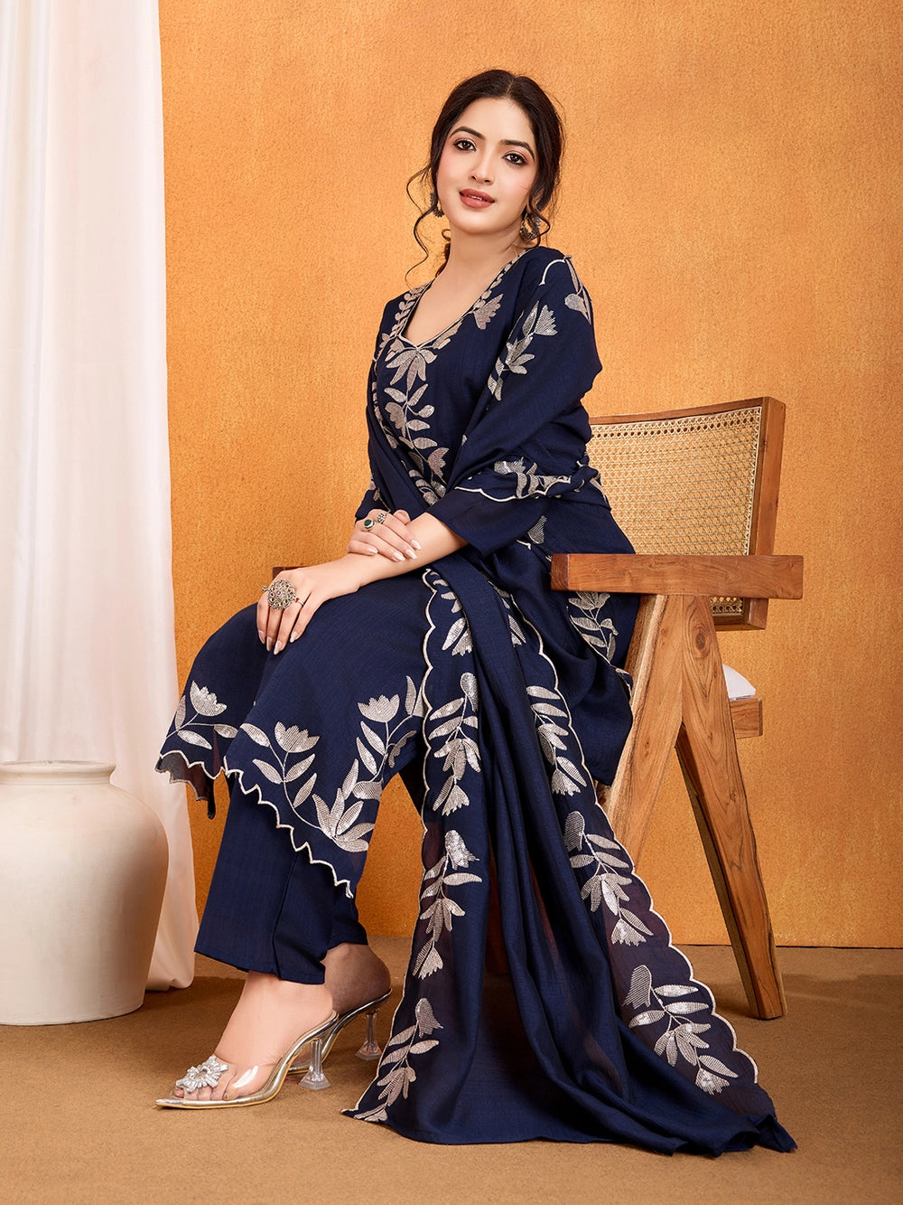 Vichitra Silk Navy Blue Straight Kurti Set With Embroidery Work - Rheycart