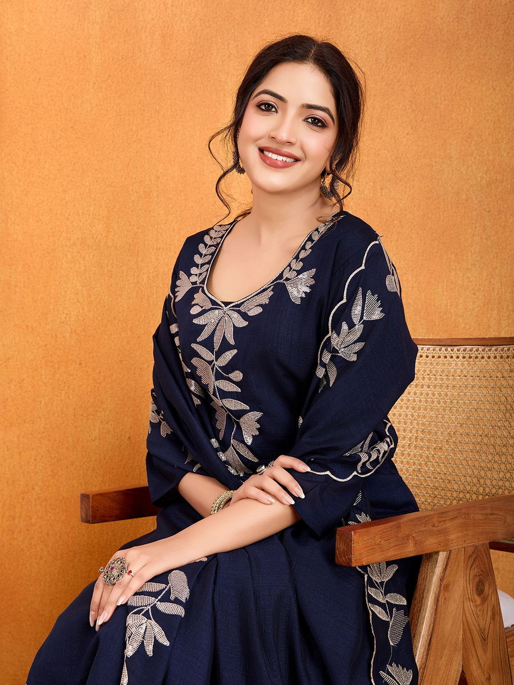 Vichitra Silk Navy Blue Straight Kurti Set With Embroidery Work - Rheycart