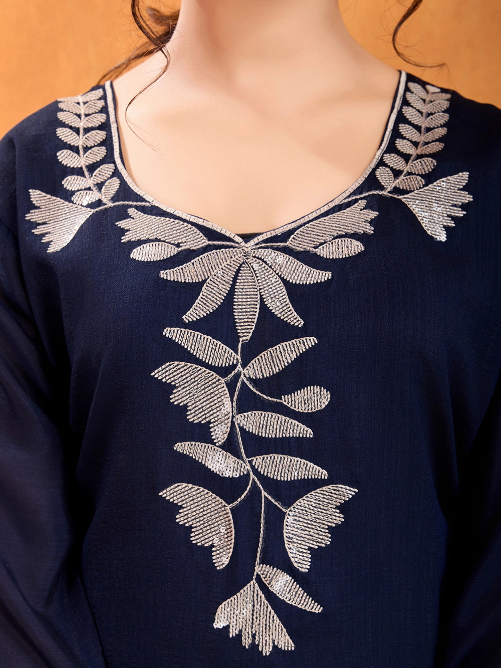Vichitra Silk Navy Blue Straight Kurti Set With Embroidery Work - Rheycart
