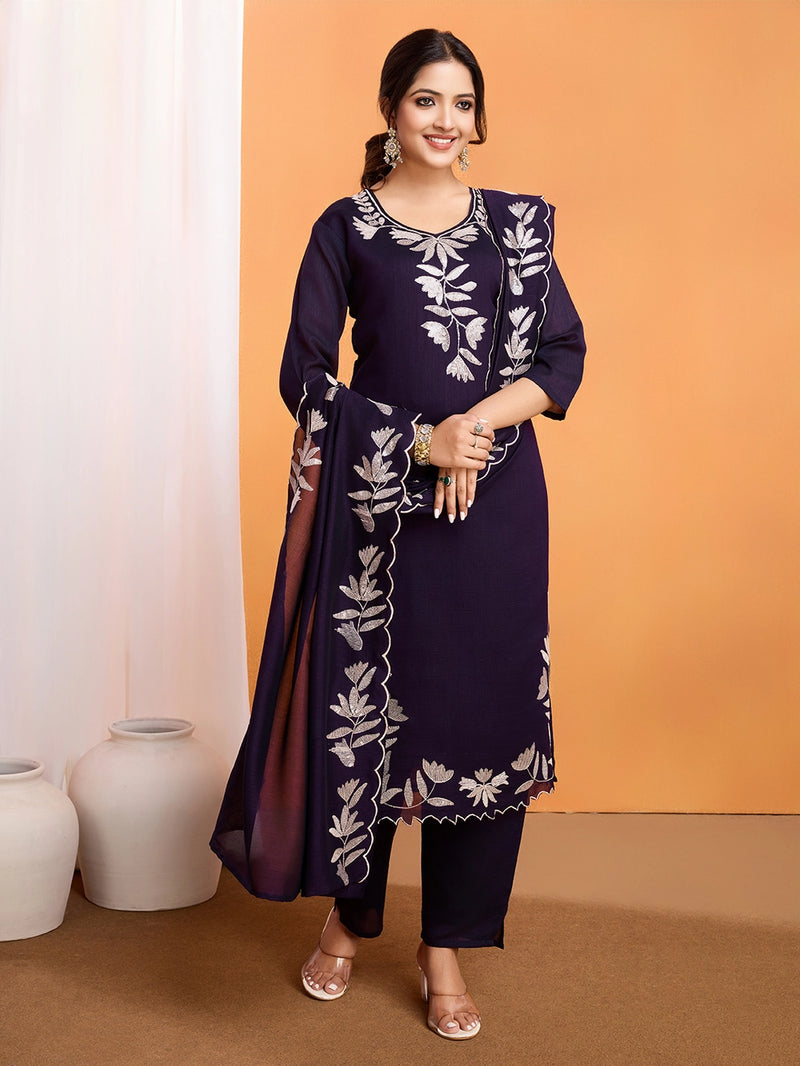 Violet Vichitra Silk Embroidered Straight Suit Set - Rheycart