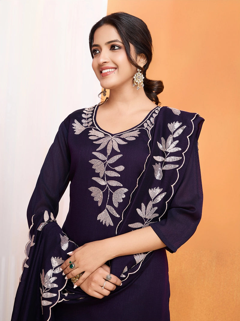 Violet Vichitra Silk Embroidered Straight Suit Set - Rheycart
