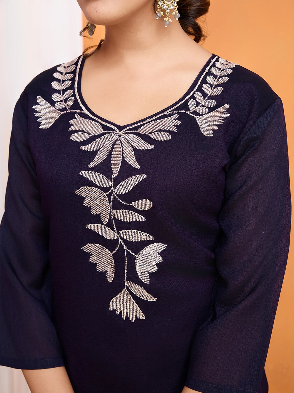 Violet Vichitra Silk Embroidered Straight Suit Set - Rheycart