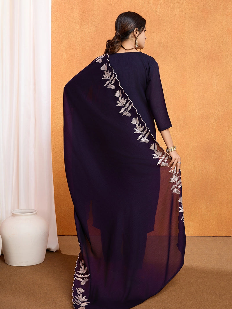 Violet Vichitra Silk Embroidered Straight Suit Set - Rheycart