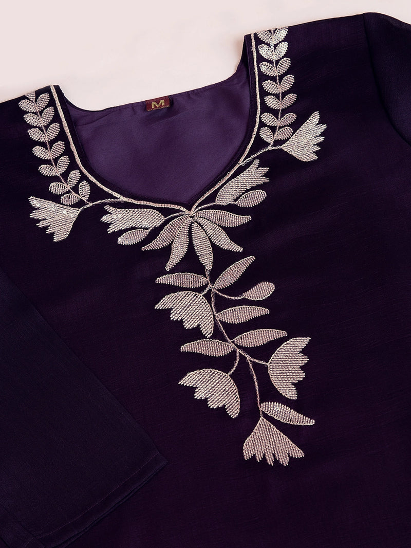 Violet Vichitra Silk Embroidered Straight Suit Set - Rheycart