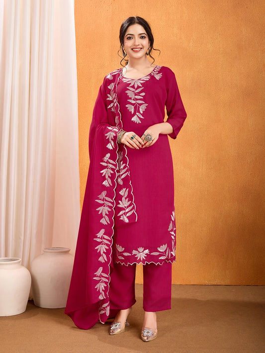 Pink Vichitra Silk Embroidery Straight Kurti Set - Rheycart
