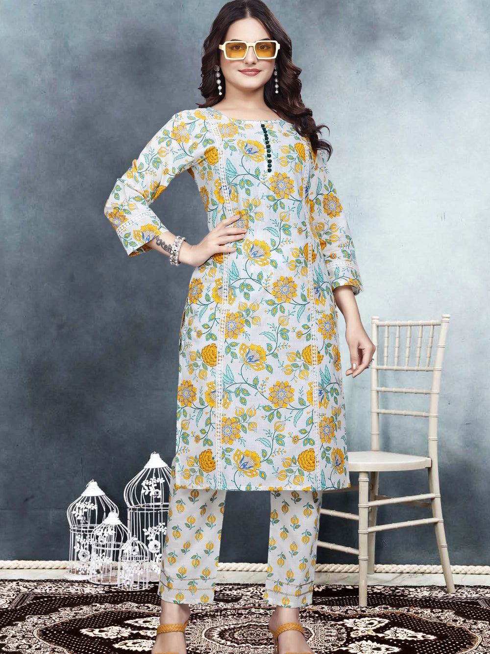 Yellow Floral Printed Kurti Set For Women - Rheycart