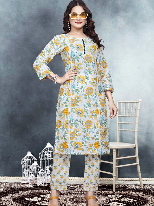 Yellow Floral Printed Kurti Set For Women - Rheycart