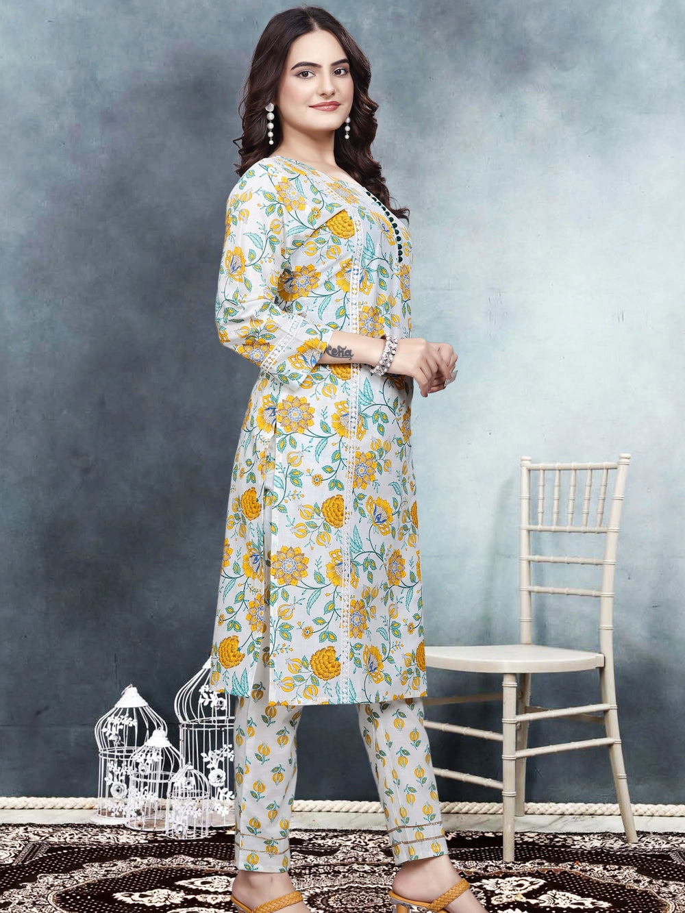 Yellow Floral Printed Kurti Set For Women - Rheycart