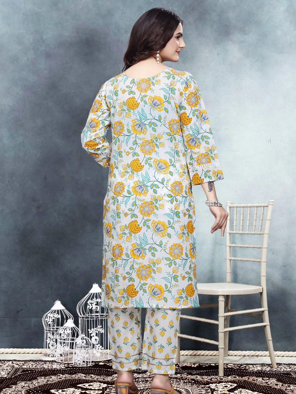 Yellow Floral Printed Kurti Set For Women - Rheycart