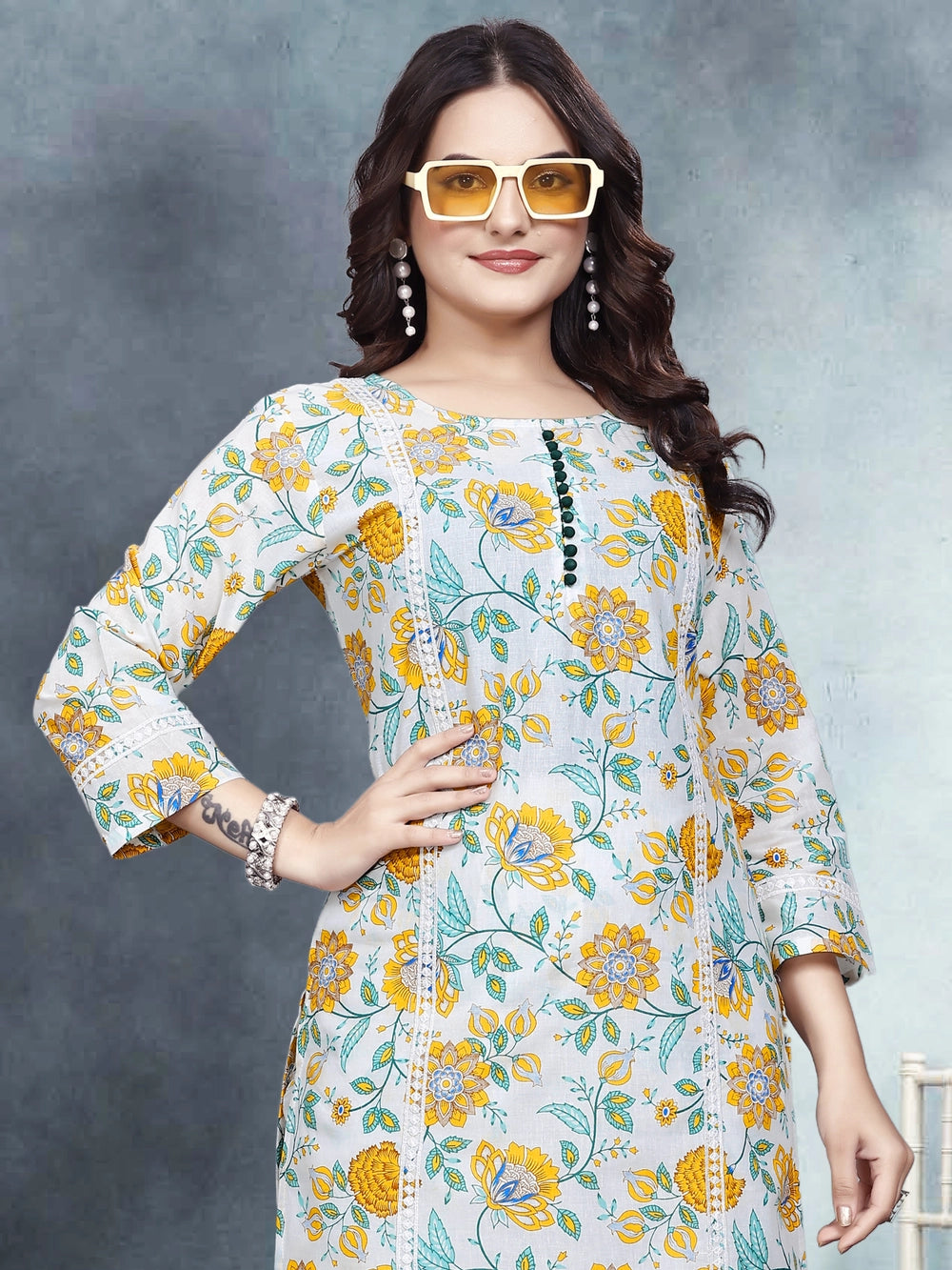 Yellow Floral Printed Kurti Set For Women - Rheycart