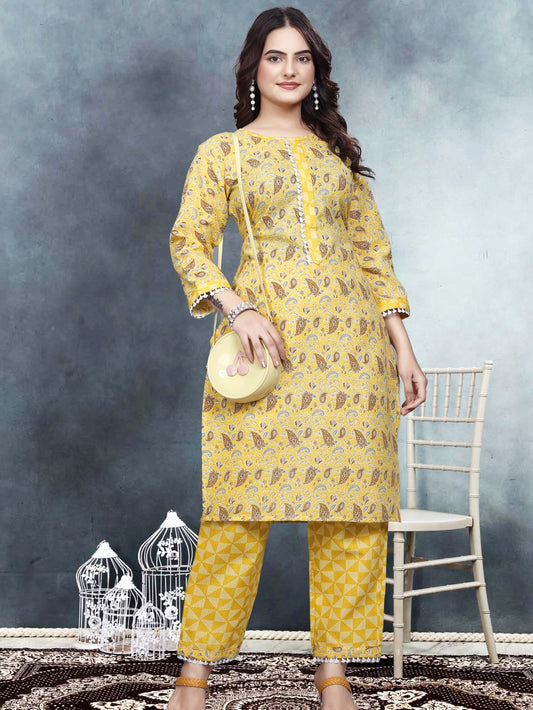 Yellow Ruby Cotton Printed Kurti Set - Rheycart