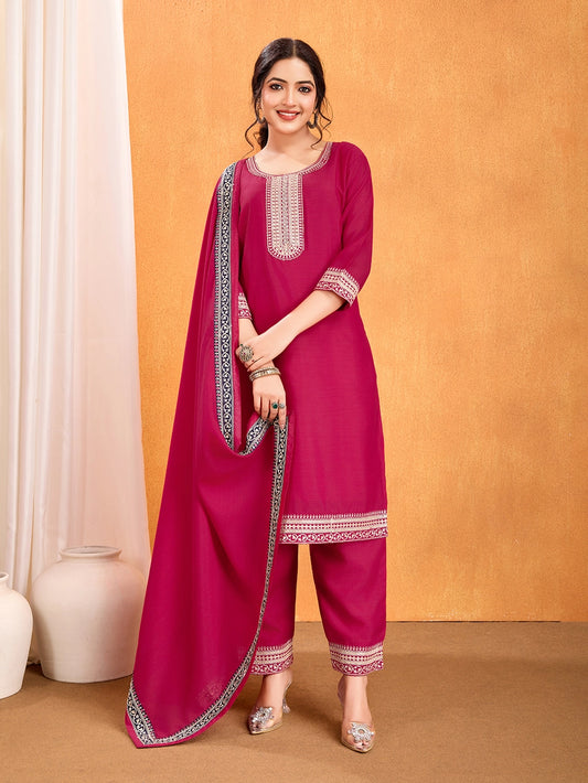 Pink Embroidery Vichitra Silk Kurti Set With Dupatta - Rheycart