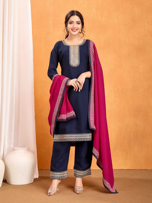 Purple Embroidery Vichitra Silk Kurti Set With Dupatta - Rheycart