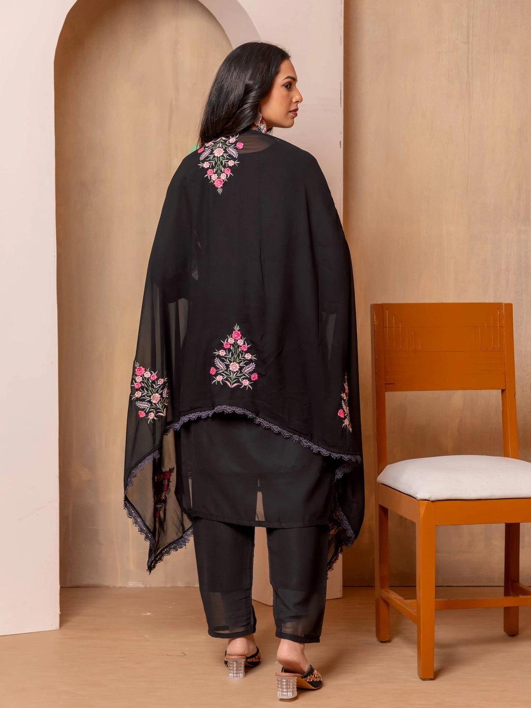 Faux Georgette Embroidery work Black Kurti Set - Rheycart