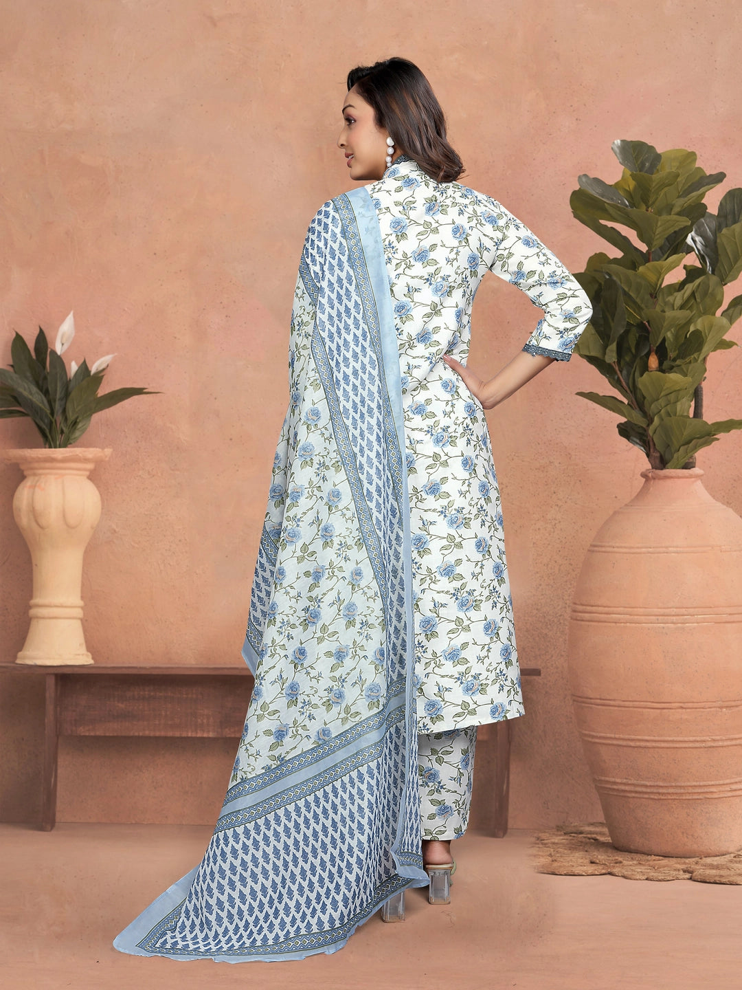 Blue Floral Design Cotton Blend Kurta Set - Rheycart