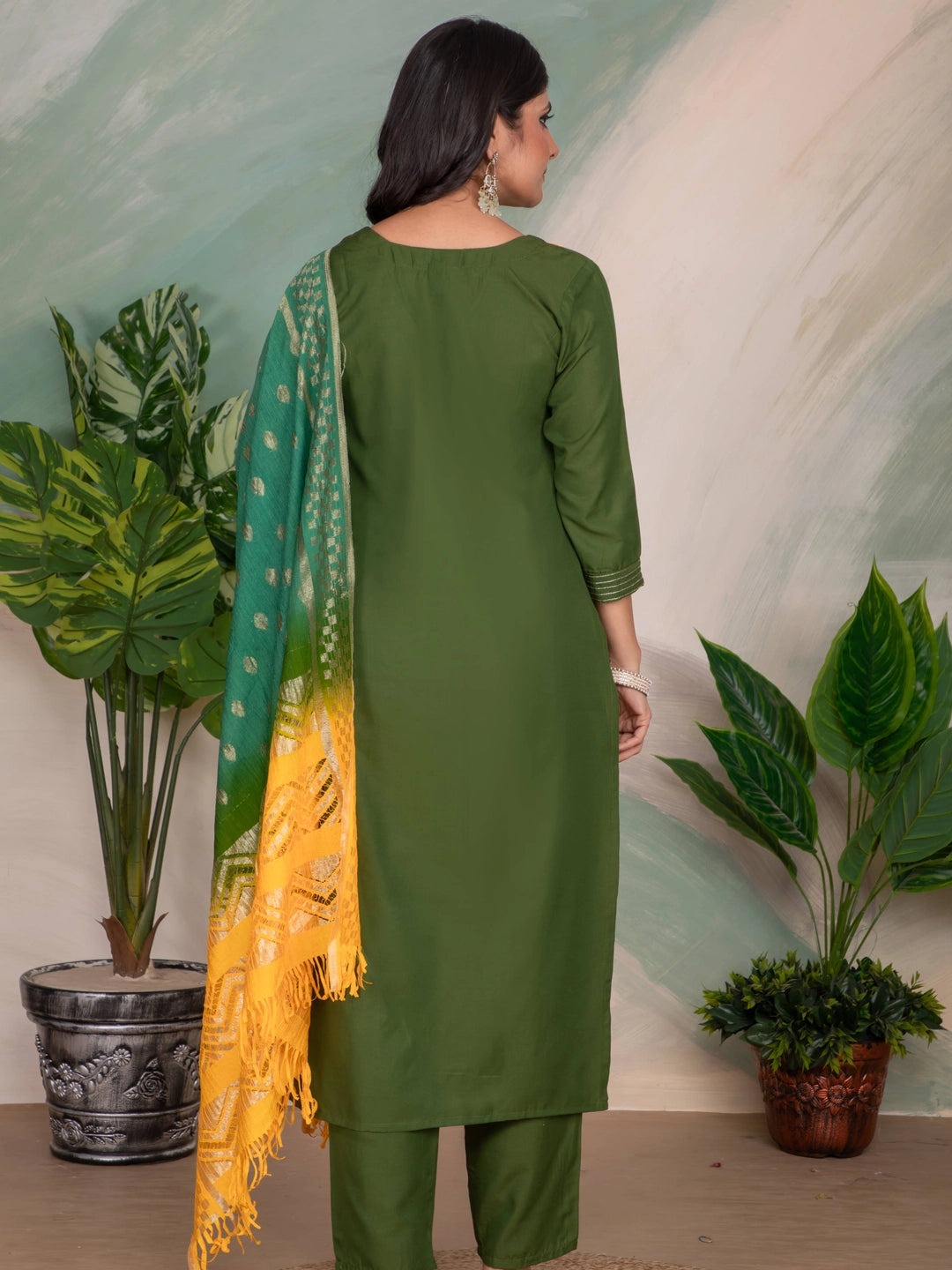 Mehendi Color Embroidery Work Straight Kurti Set - Rheycart