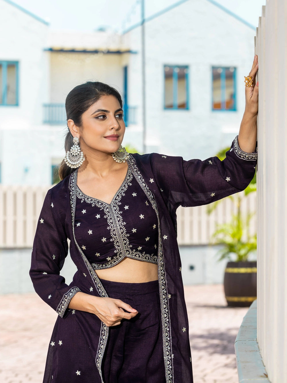 Violet Vichitra Silk Top Bottom With Shrug - Rheycart