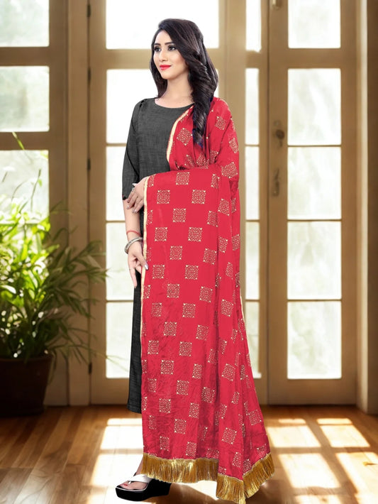 Embellished Red Chiffon Dupatta