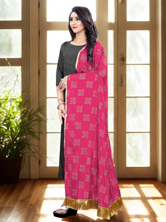 Pink Embellished Chiffon Dupatta