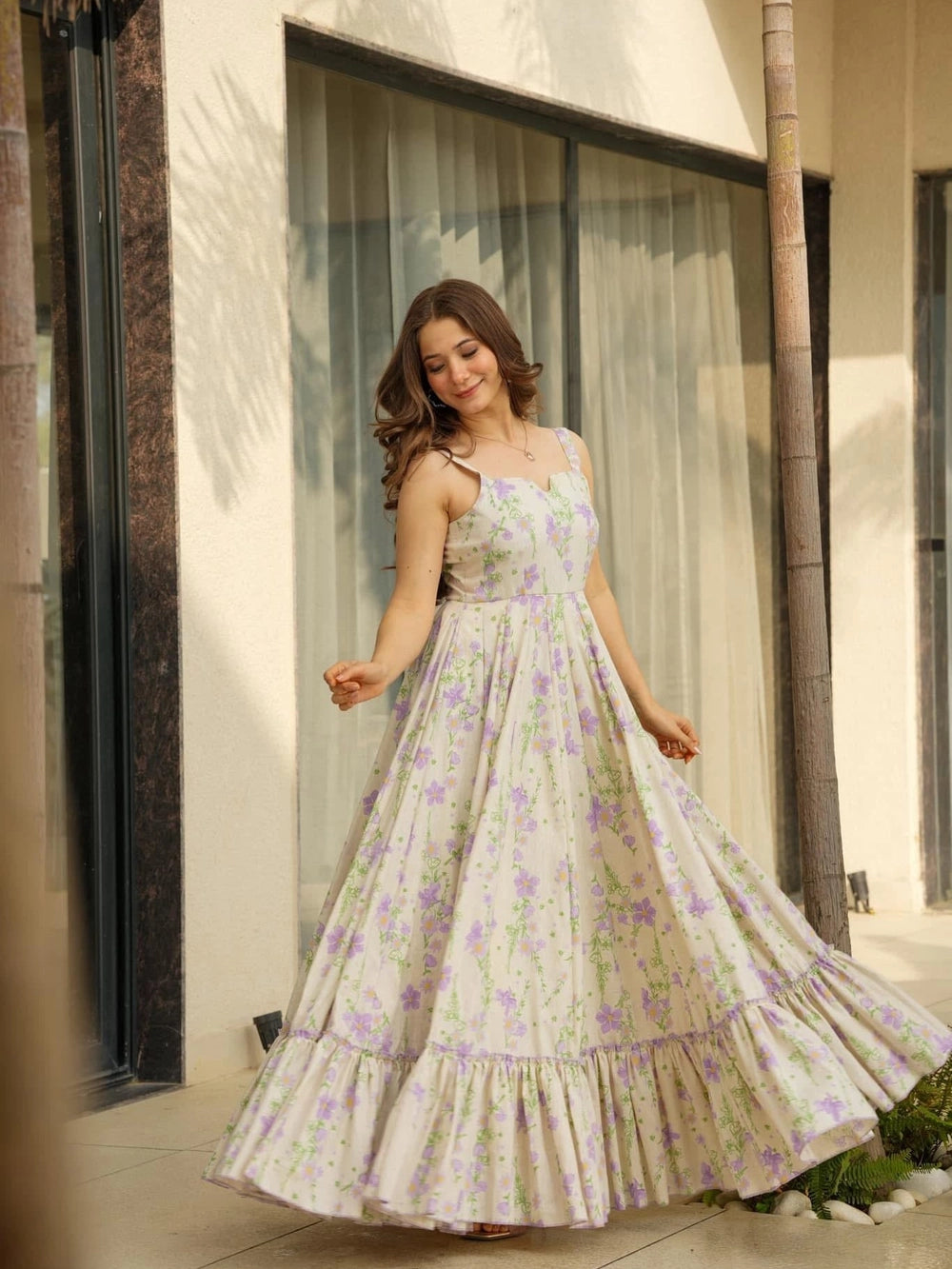Purple Floral Print Fit And Flare Shoulder Strap Dress - Rheycart