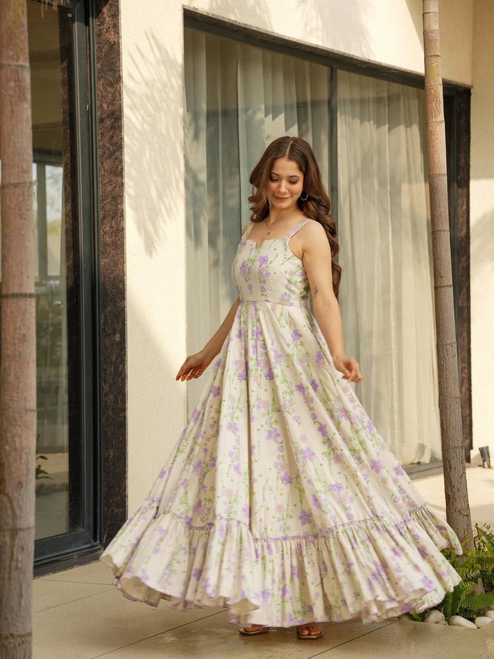 Purple Floral Print Fit And Flare Shoulder Strap Dress - Rheycart