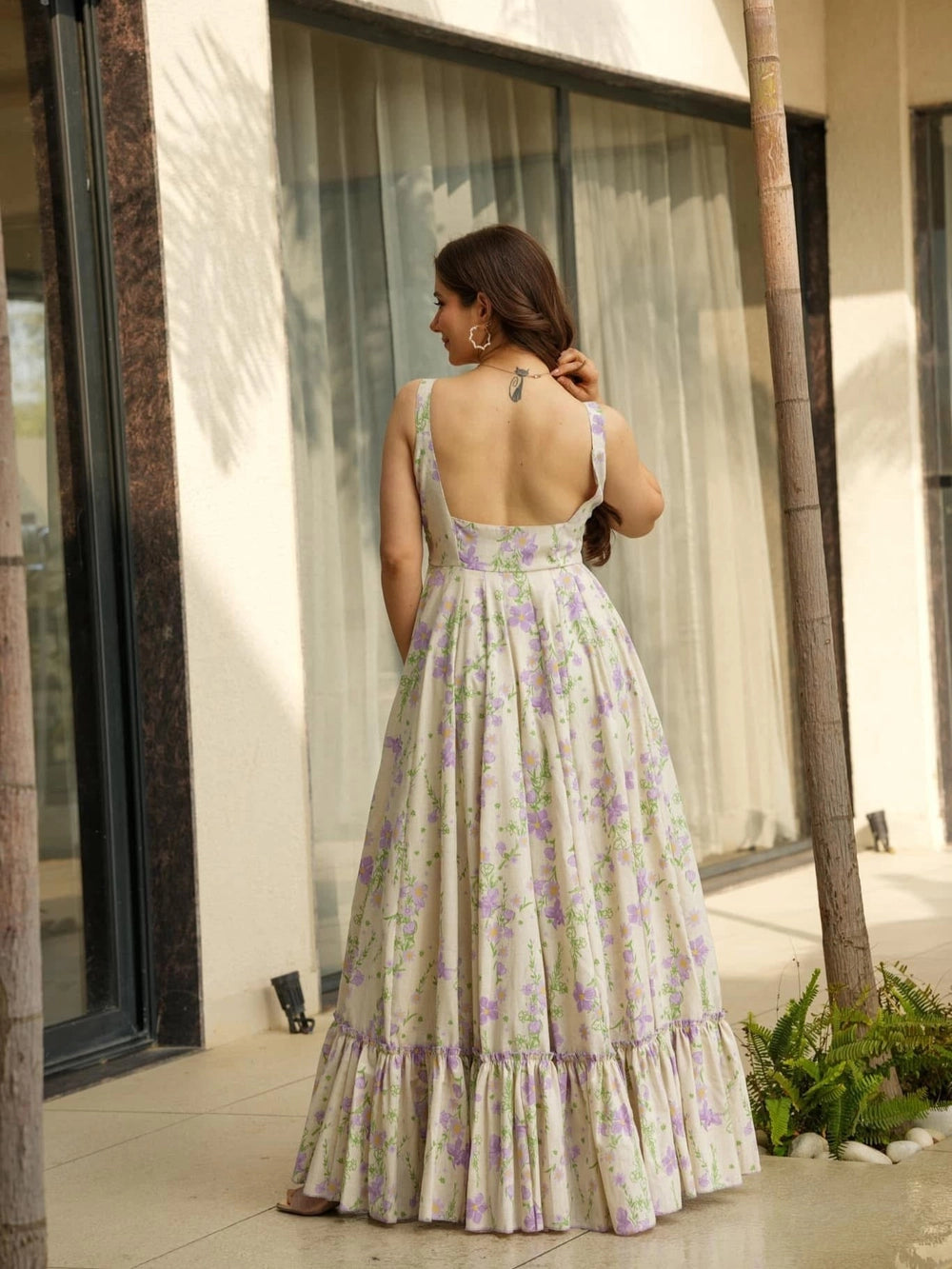 Purple Floral Print Fit And Flare Shoulder Strap Dress - Rheycart
