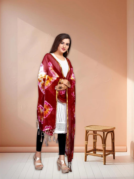 Bandhani Style Maroon Tie And Dye Printed Chiffon Dupatta