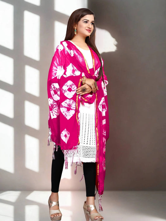 Pink Bandhani Style Tie And Dye Printed Chiffon Dupatta
