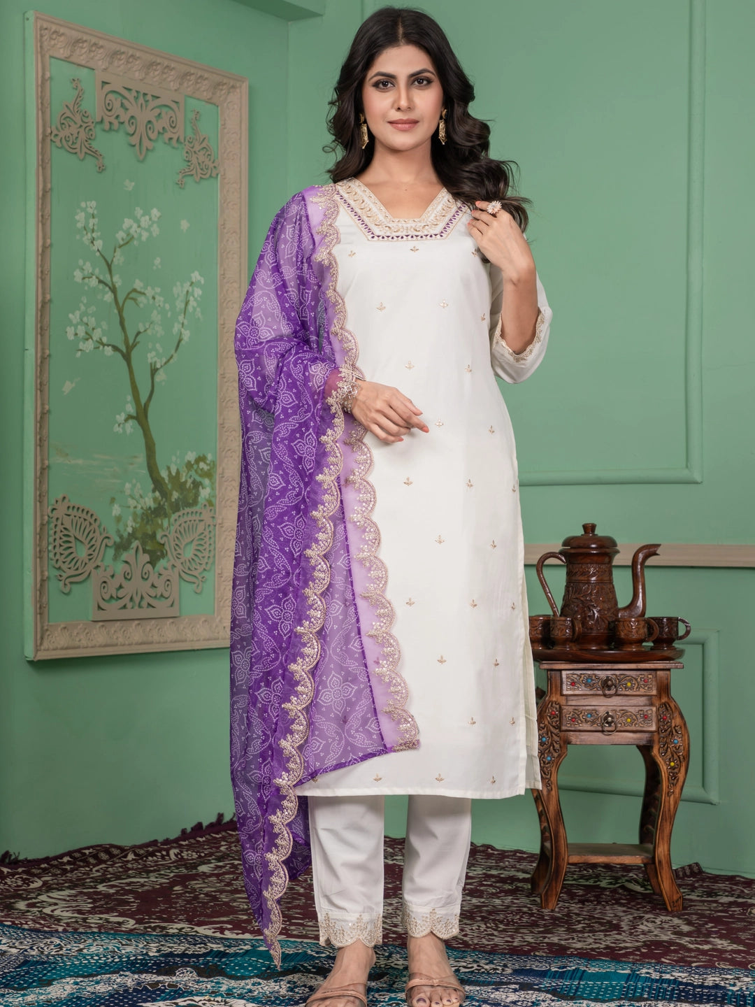 Roman Silk Embroidered V Neckline Kurta Set - Rheycart
