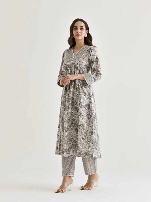 Elegant Grey Printed A-Line Cotton Kurta Set - Rheycart