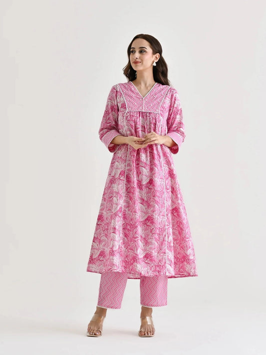 Pink Printed A-Line Cotton Kurta Set For Women - Rheycart