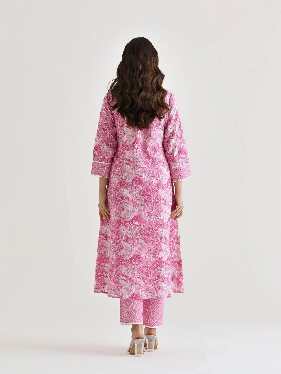 Pink Printed A-Line Cotton Kurta Set For Women - Rheycart