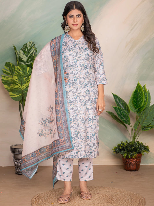 Blue Printed Straight Kurta Set With Dupatta - Rheycart