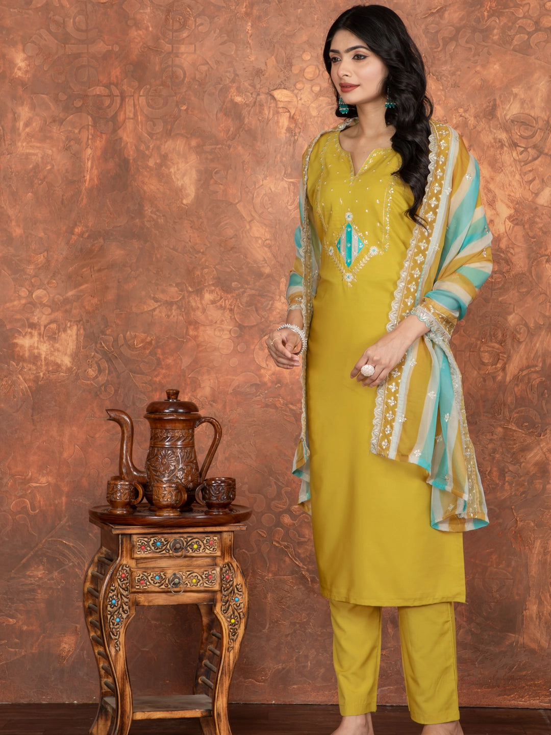 Roman SIlk Mustard Yellow Embroidery Work Kurta Set - Rheycart
