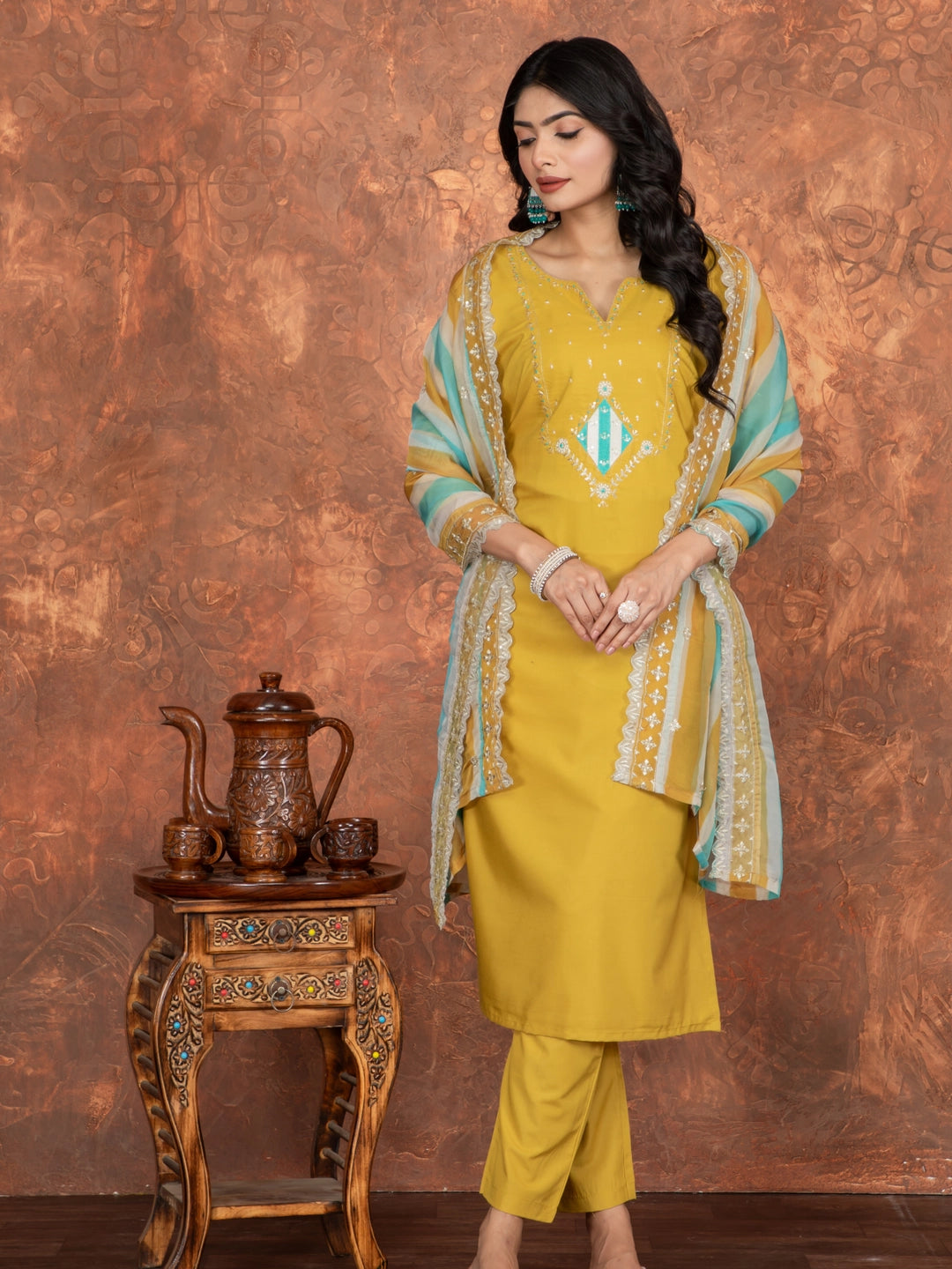 Roman SIlk Mustard Yellow Embroidery Work Kurta Set - Rheycart