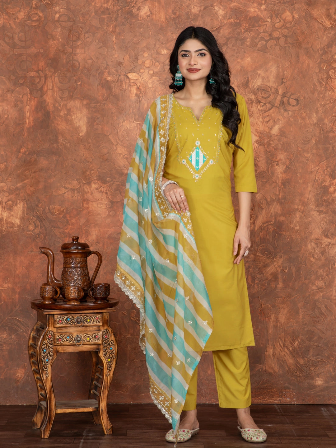 Roman SIlk Mustard Yellow Embroidery Work Kurta Set - Rheycart