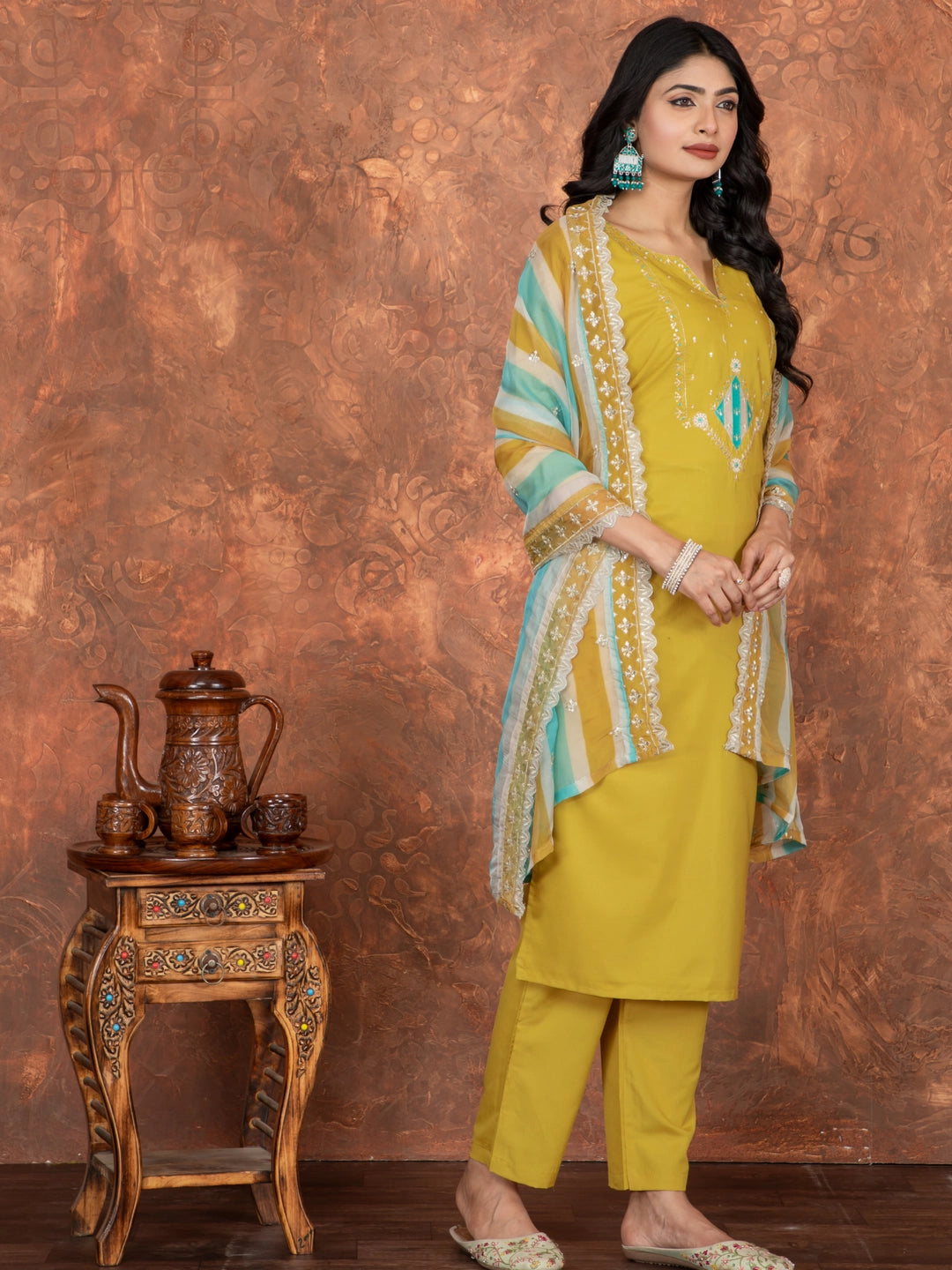 Roman SIlk Mustard Yellow Embroidery Work Kurta Set - Rheycart