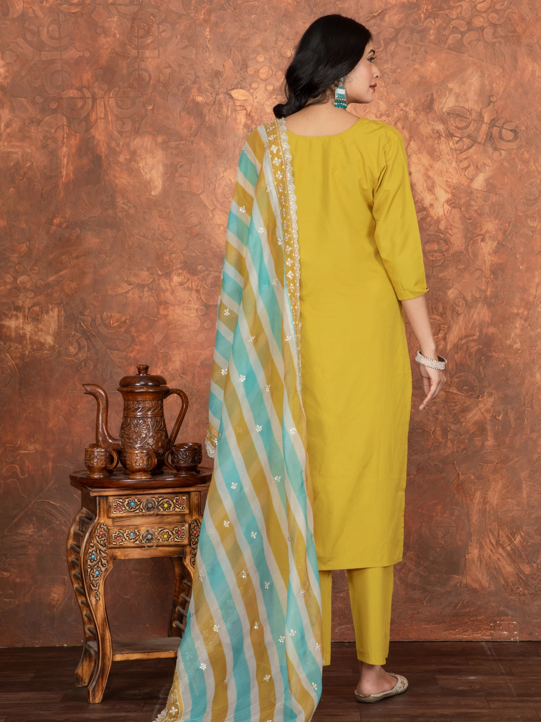 Roman SIlk Mustard Yellow Embroidery Work Kurta Set - Rheycart