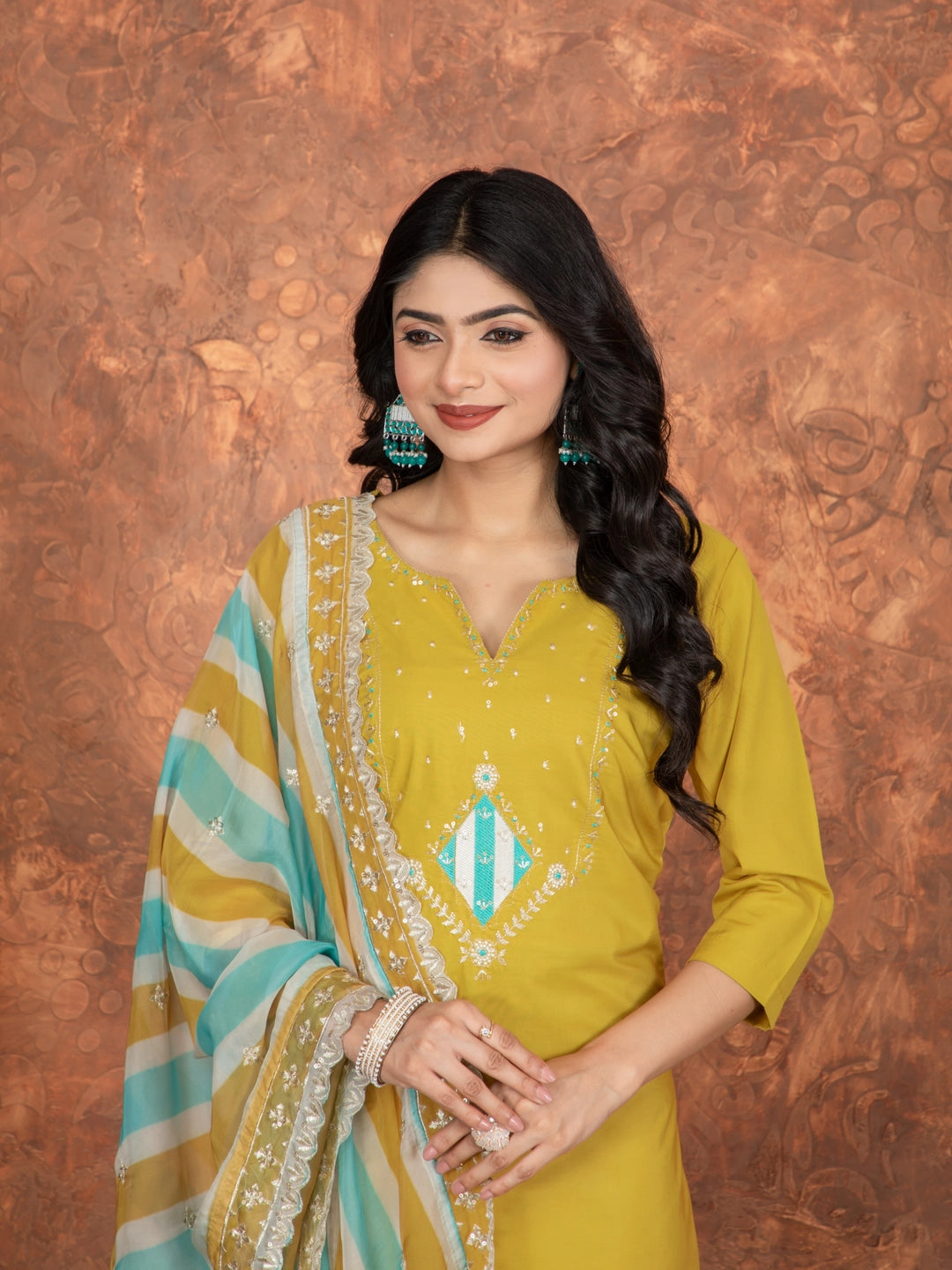 Roman SIlk Mustard Yellow Embroidery Work Kurta Set - Rheycart