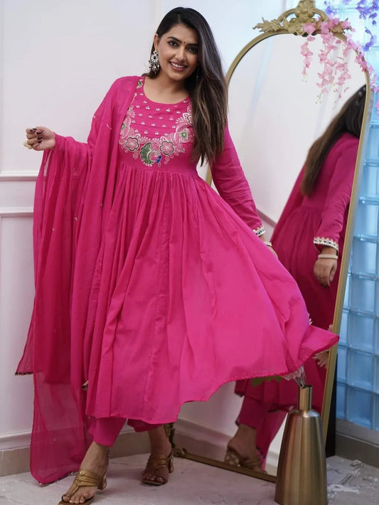 Pink Embroidered Anarkali Kurta Set with Dupatta - Rheycart
