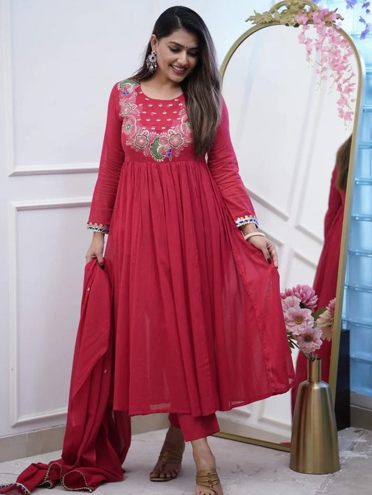 Red Embroidered Anarkali Kurta Set with Dupatta - Rheycart