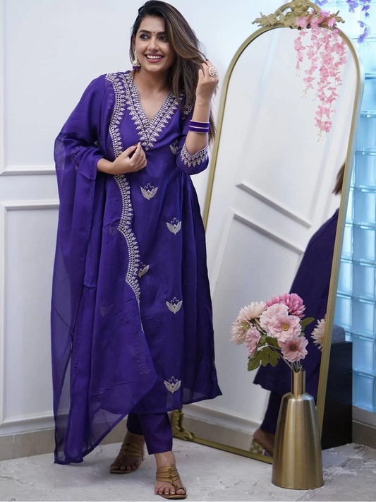 Violet Polyviscose chanderi silk Suit For Women - Rheycart