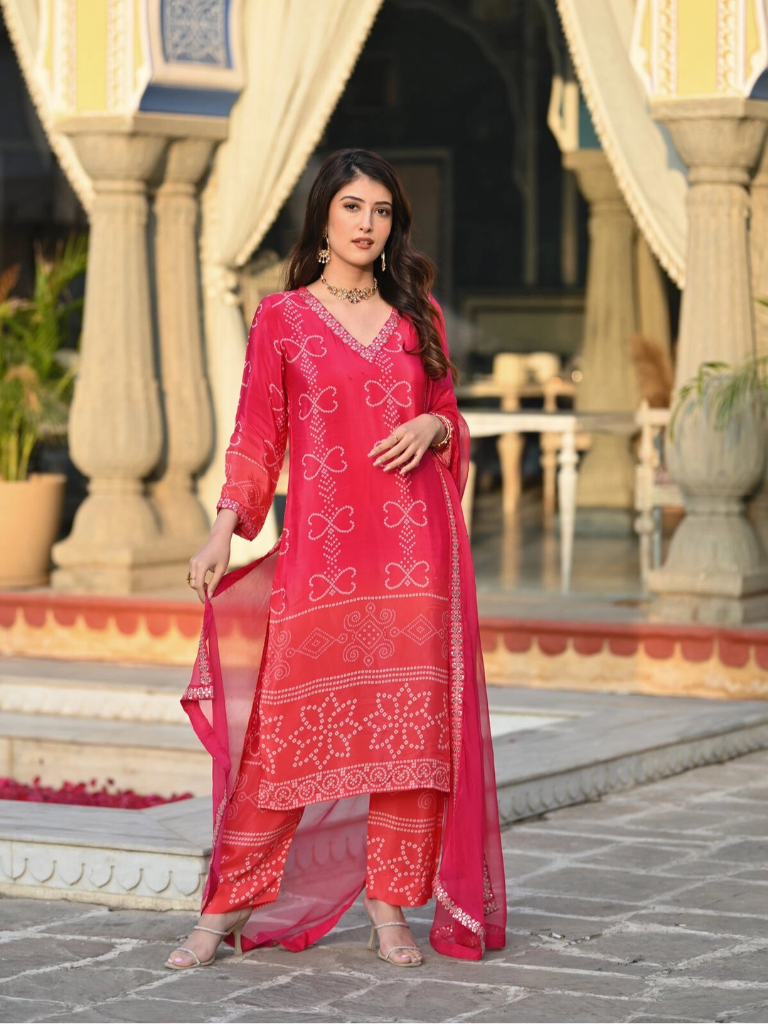 Red Soft Chinon Silk with Position Print Embroidered Kurta Set - Rheycart
