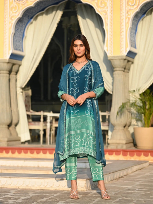 Position Printed Teal Color Soft Chinon Silk Kurta Set - Rheycart